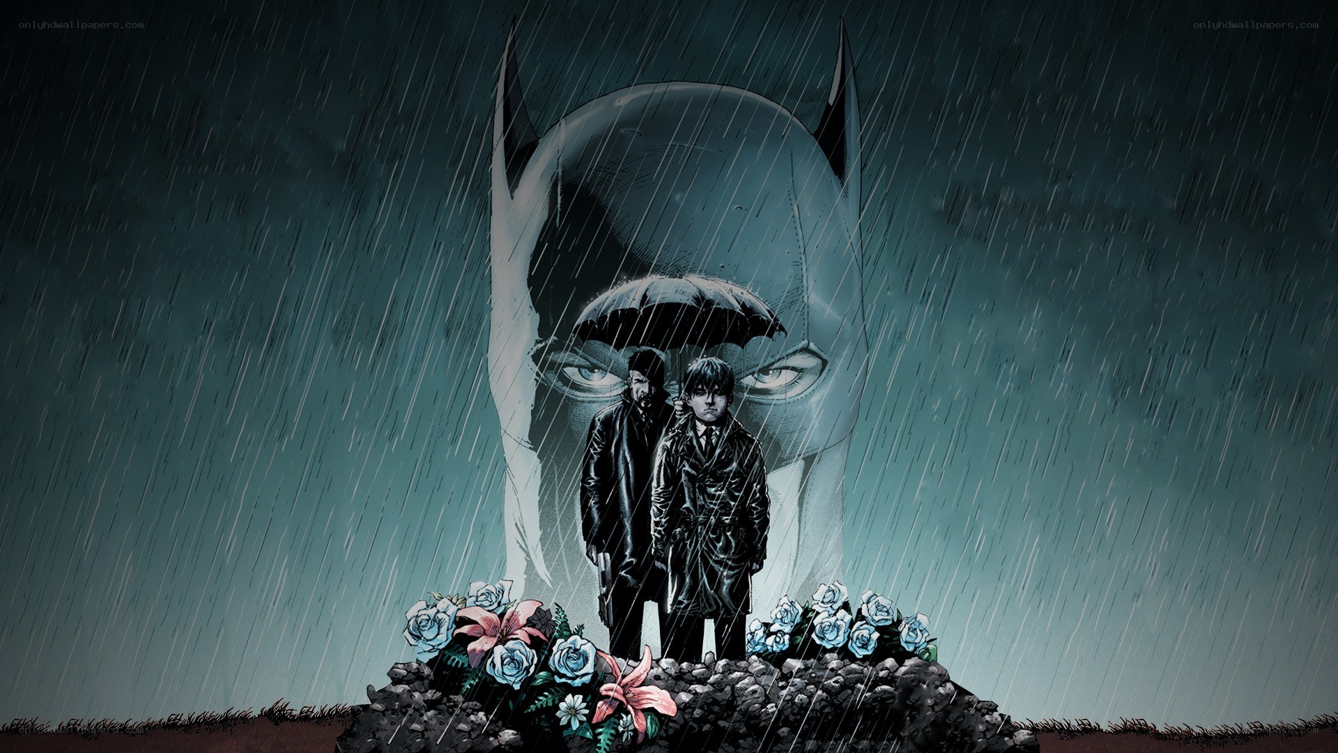 Batman and Robin in the rain