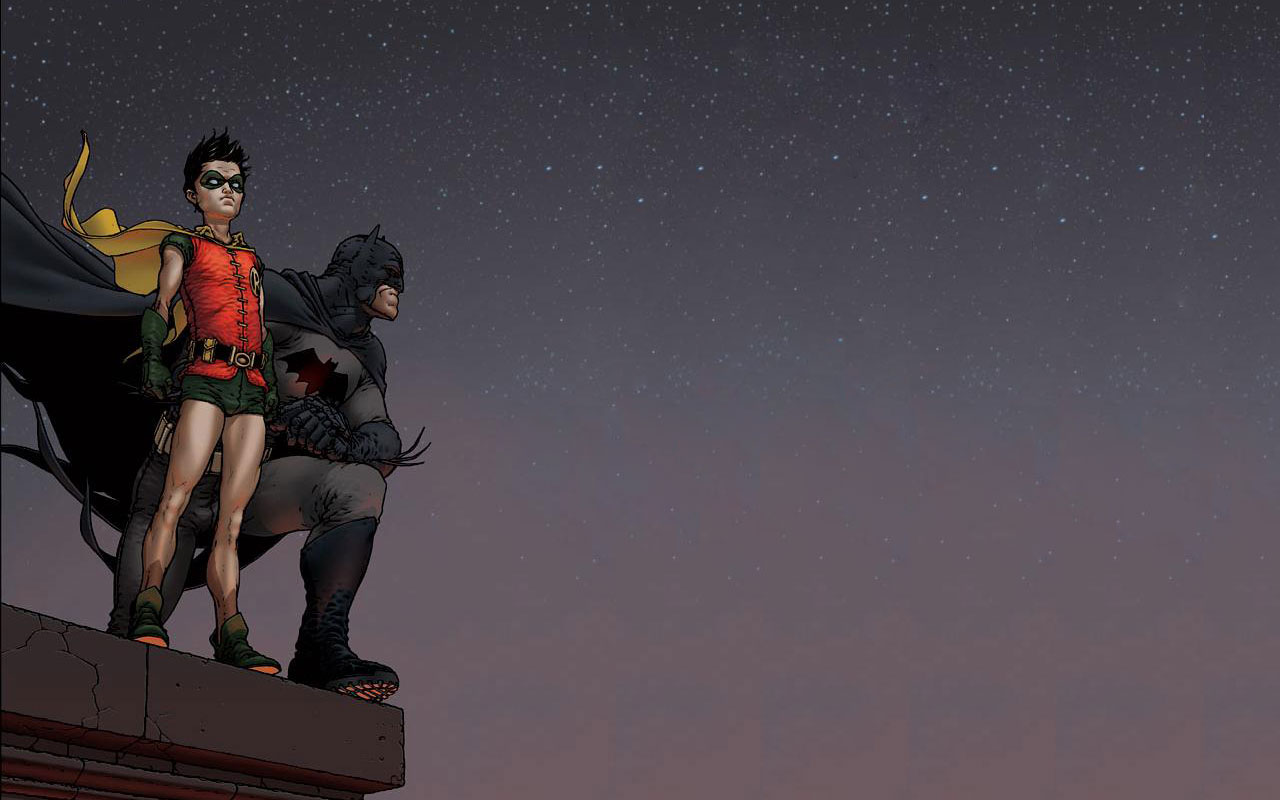 Batman and Robin on a rooftop