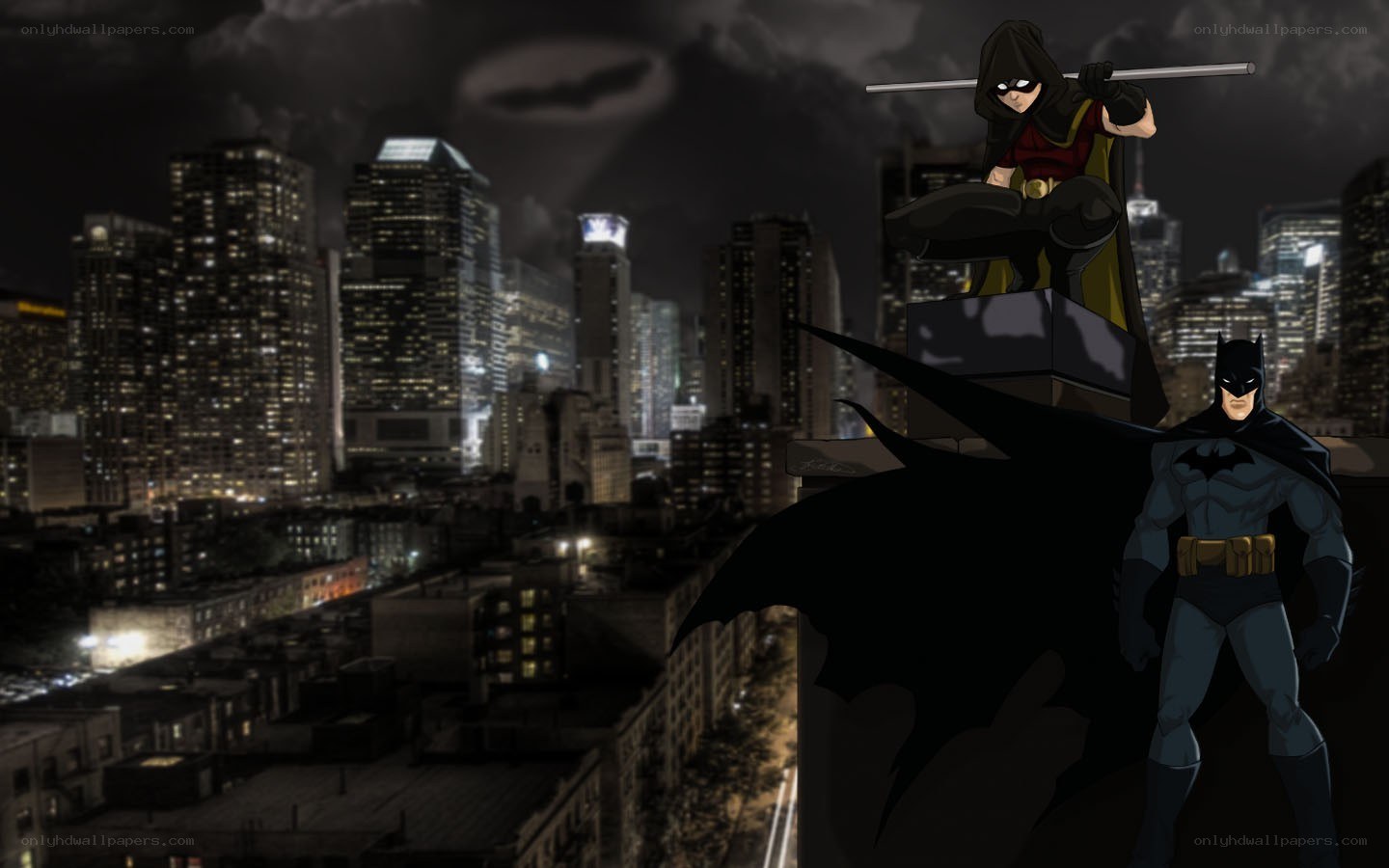 Batman and Robin on Gotham rooftop