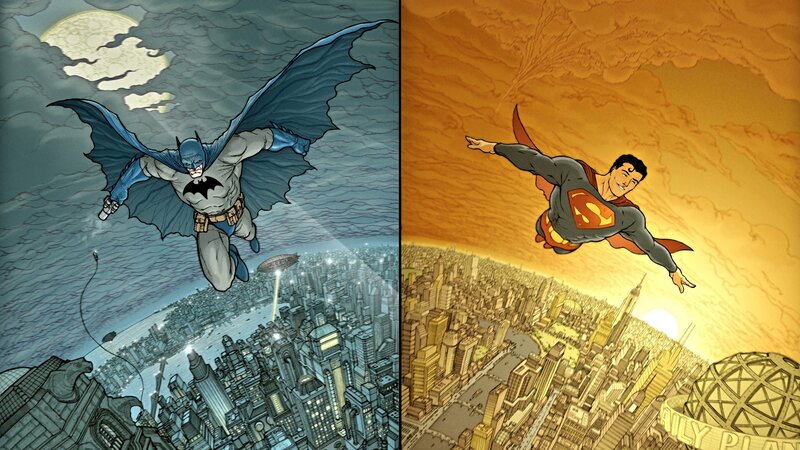 Batman and Superman flying