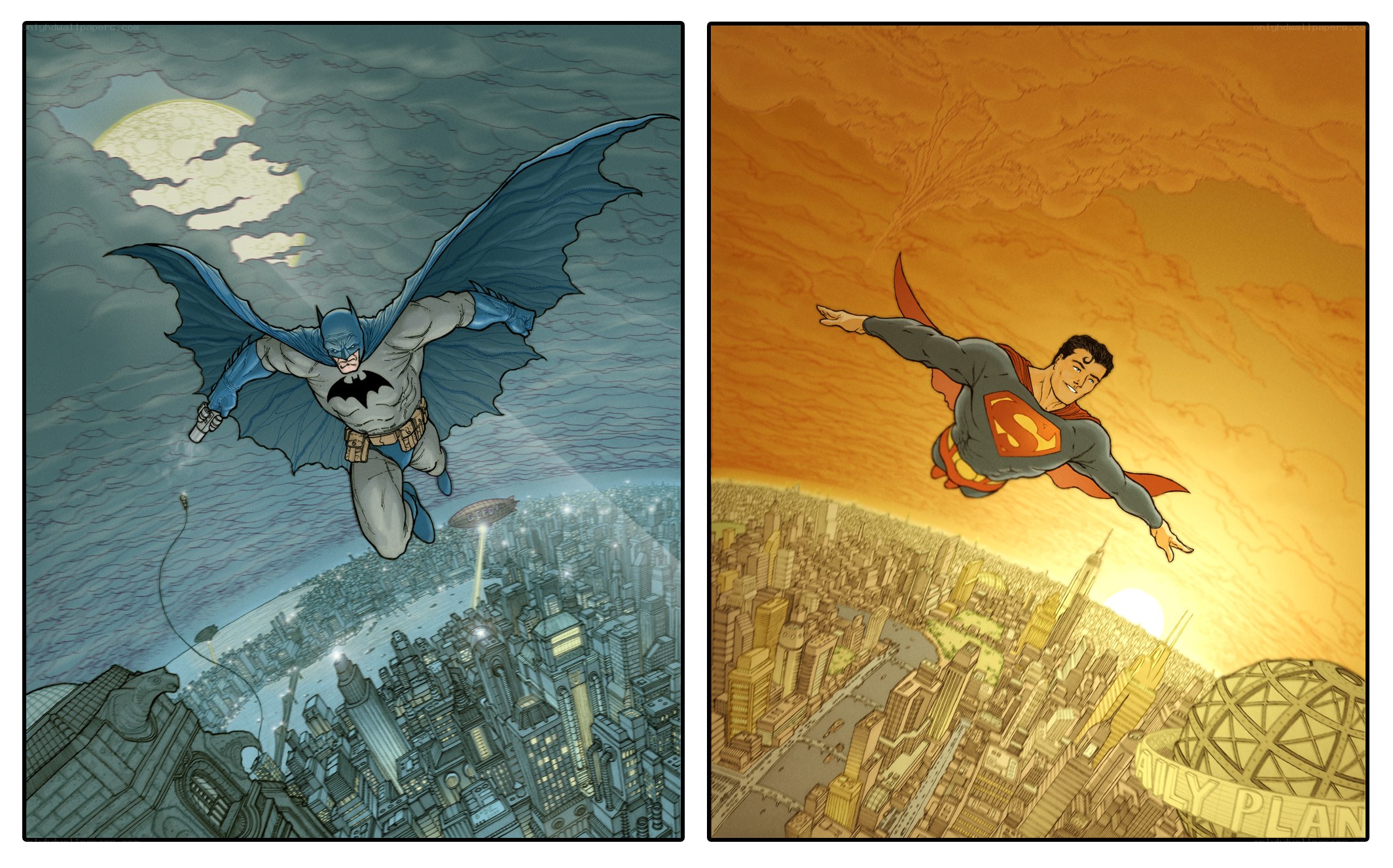 Batman and Superman flying