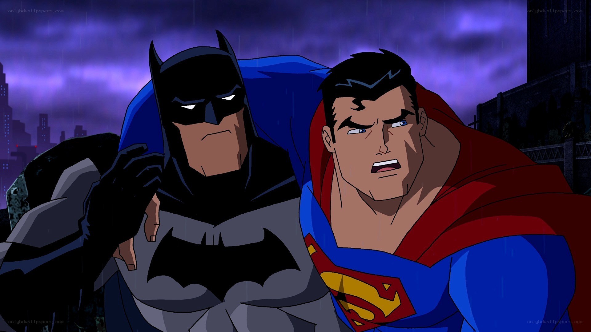 Batman and Superman in rain