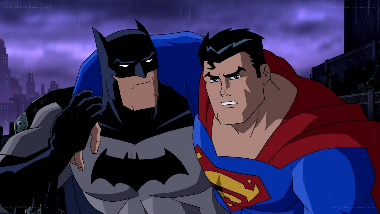 Batman and Superman in the rain