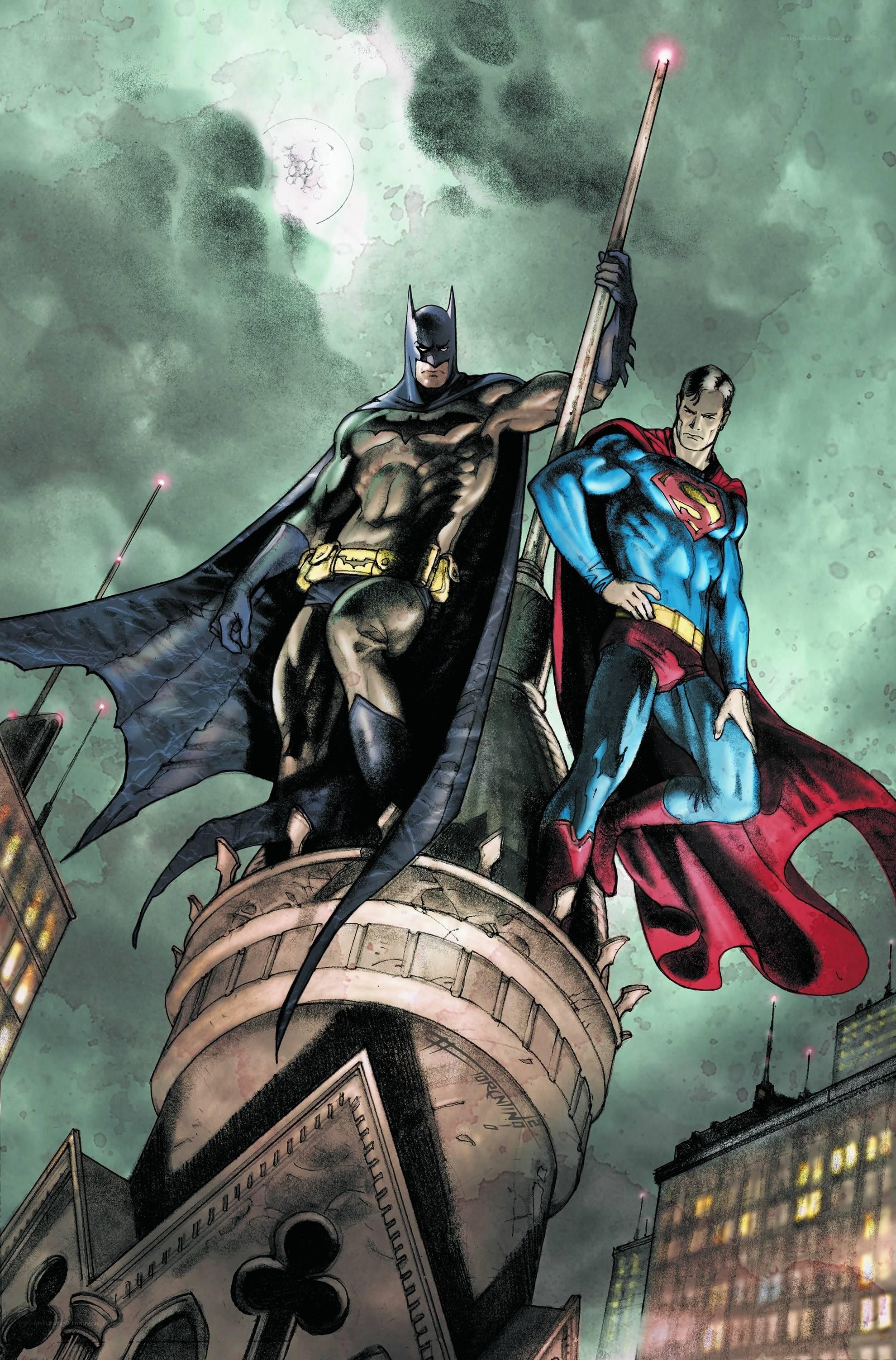Batman and Superman on a building