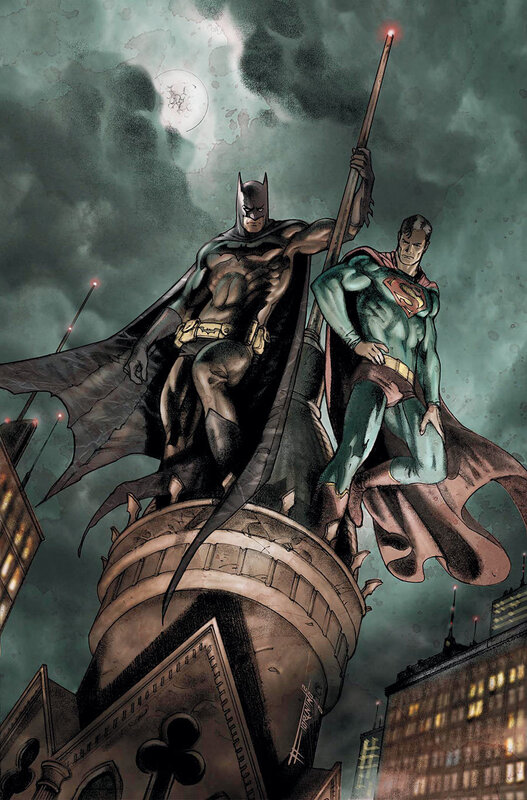 Batman and Superman on a building