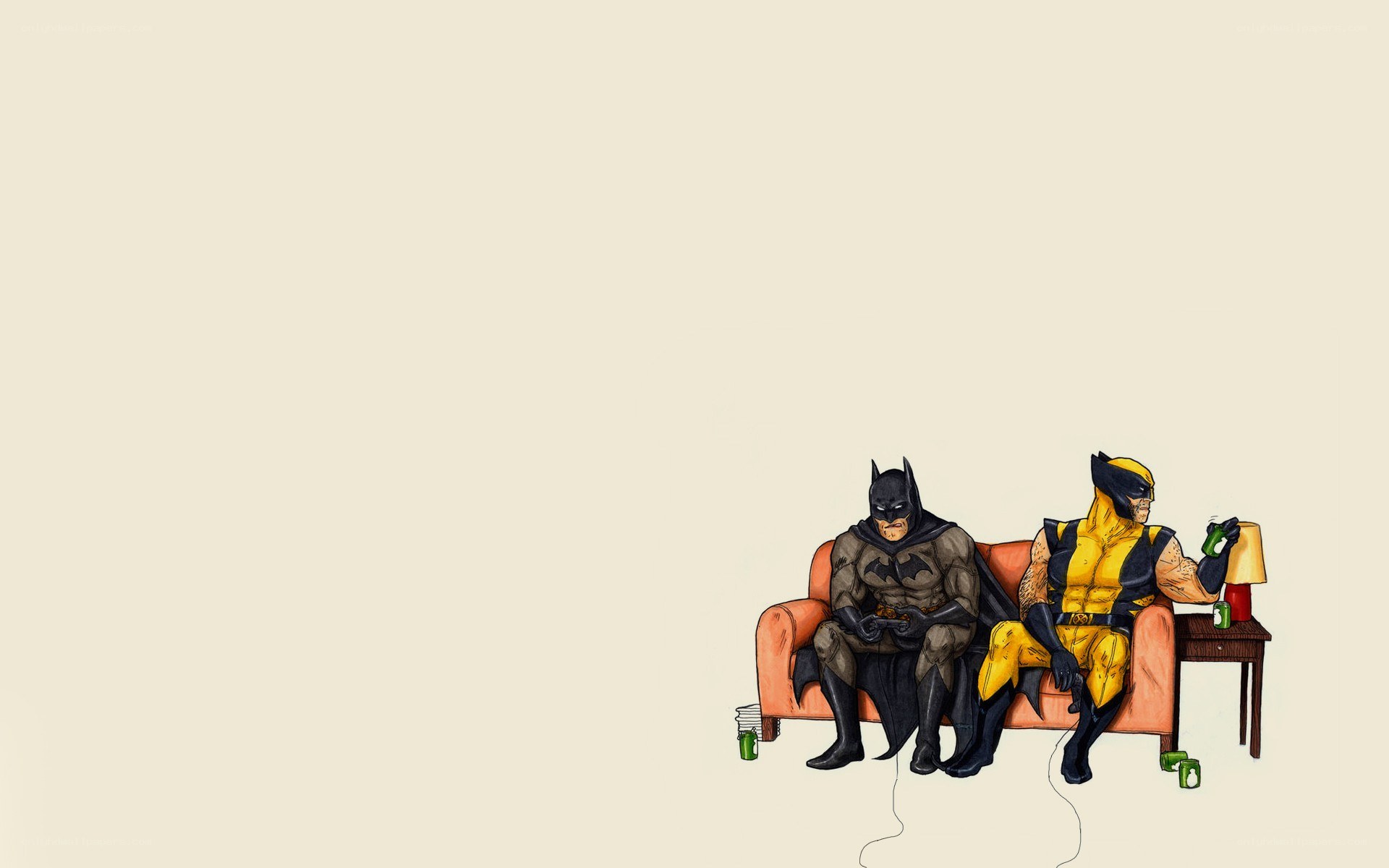 Batman and Wolverine on a couch