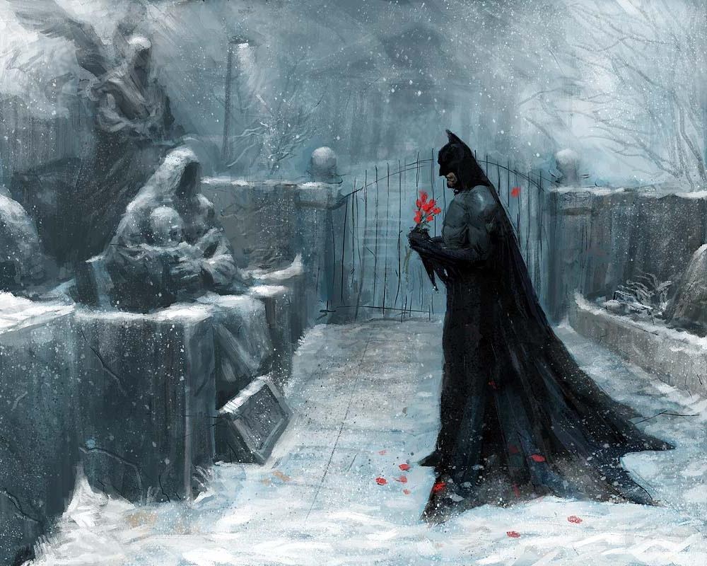 Batman at a snowy grave