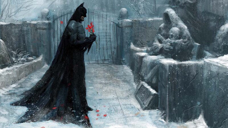 Batman at a snowy grave