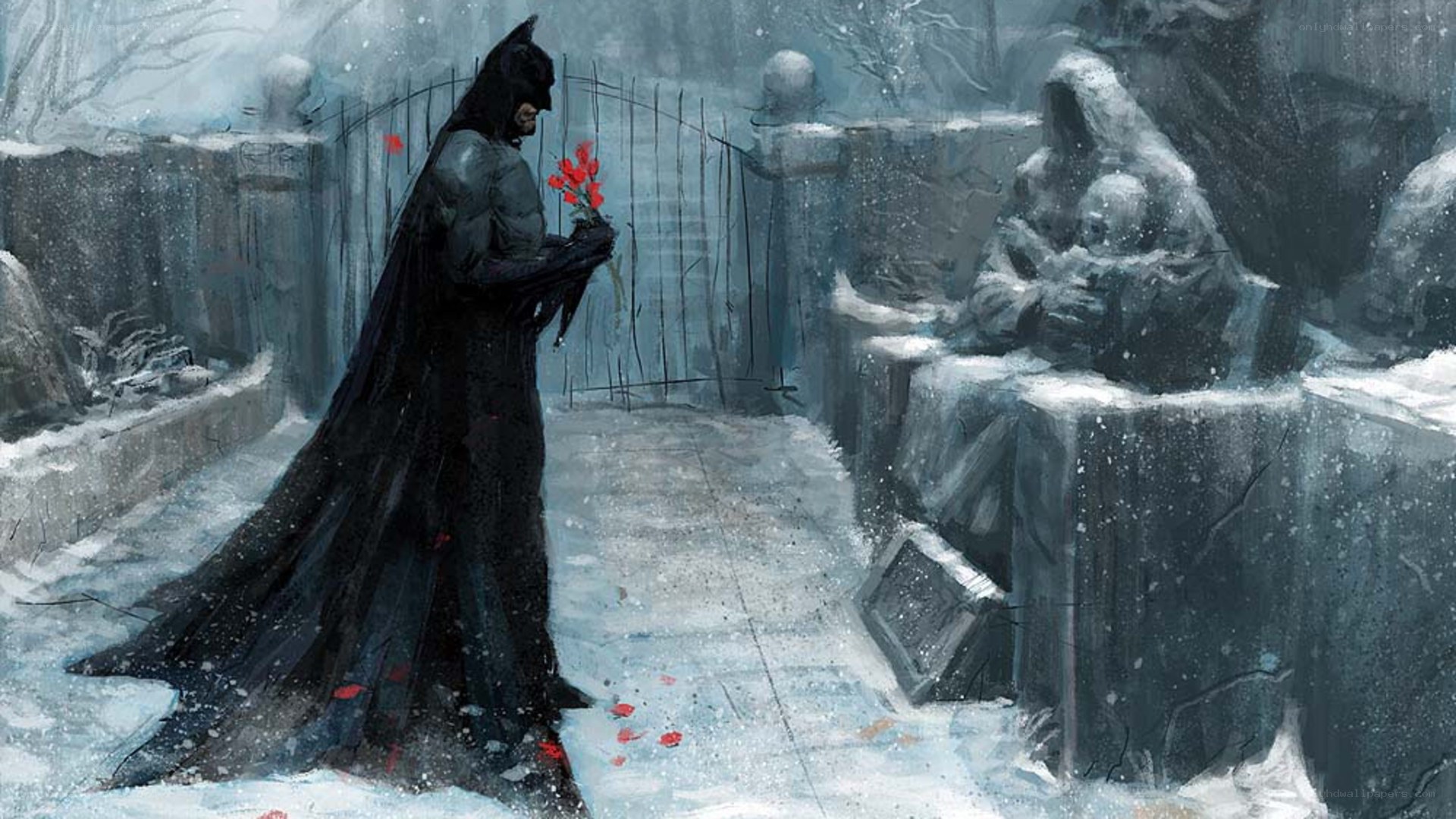 Batman at a snowy grave