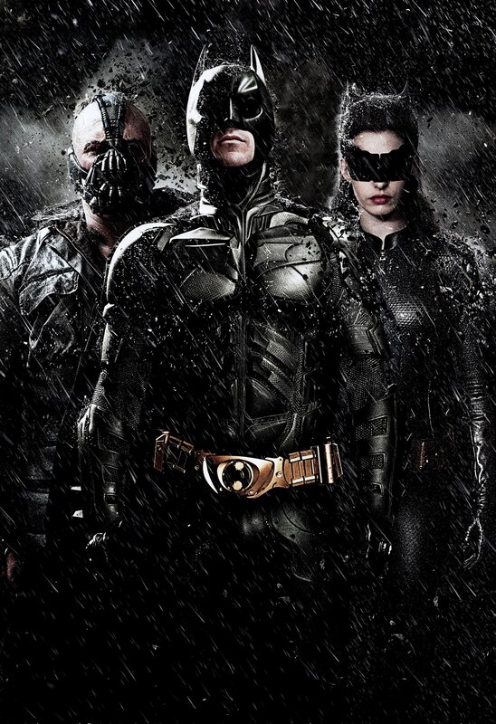 Batman, Bane, and Catwoman in rain