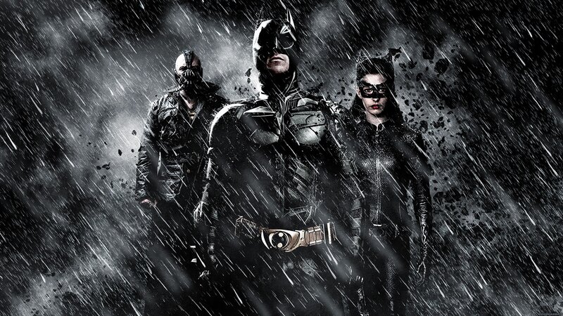 Batman, Bane, and Catwoman in rain