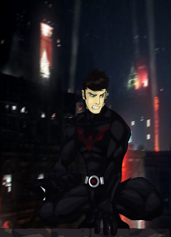 Batman Beyond crouching on rooftop
