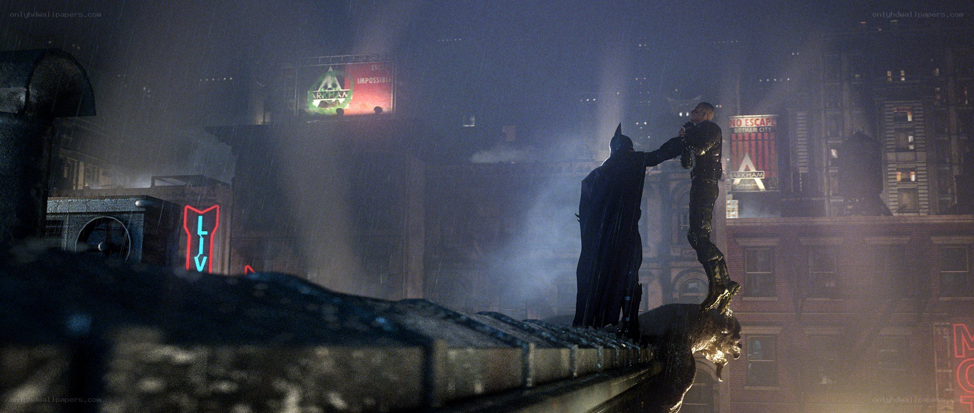Batman confronts a villain on a rooftop
