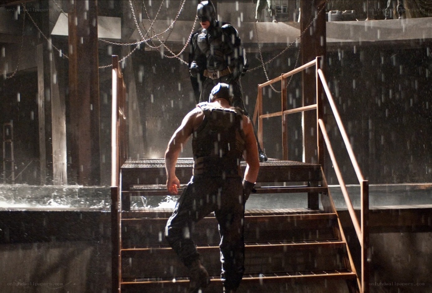 Batman confronts Bane in rain