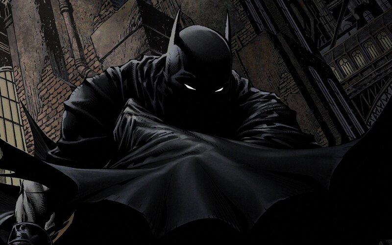 Batman Crouching in Alley — Black, Dramatic, Night, Comic