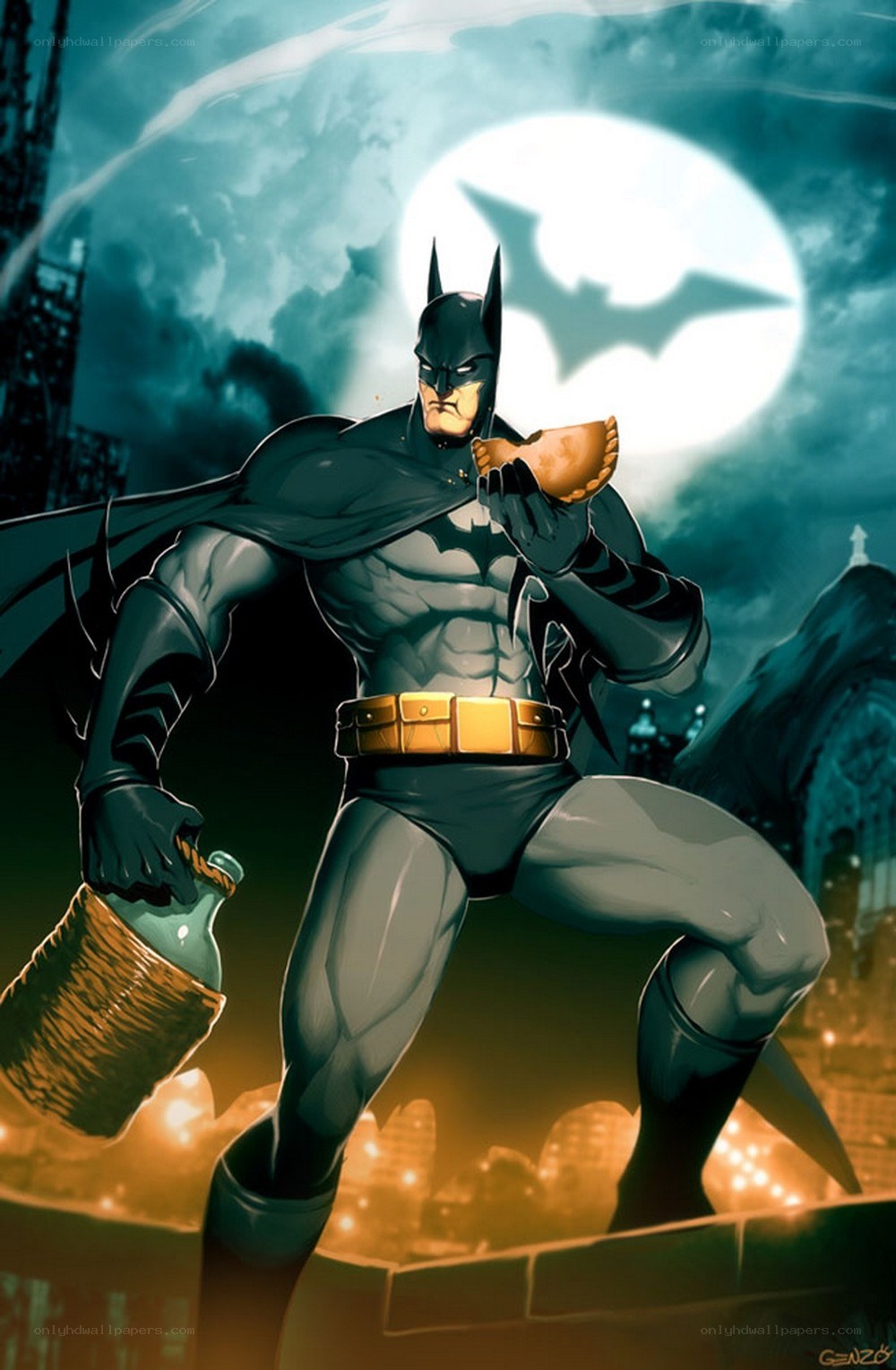 Batman eating pie on rooftop