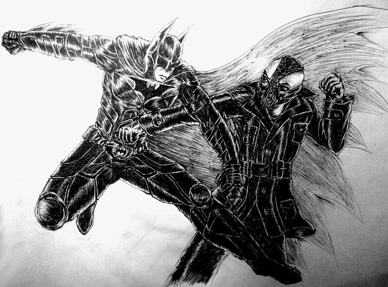 Batman Fighting Bane — Black, Dramatic, Illustration, Cape