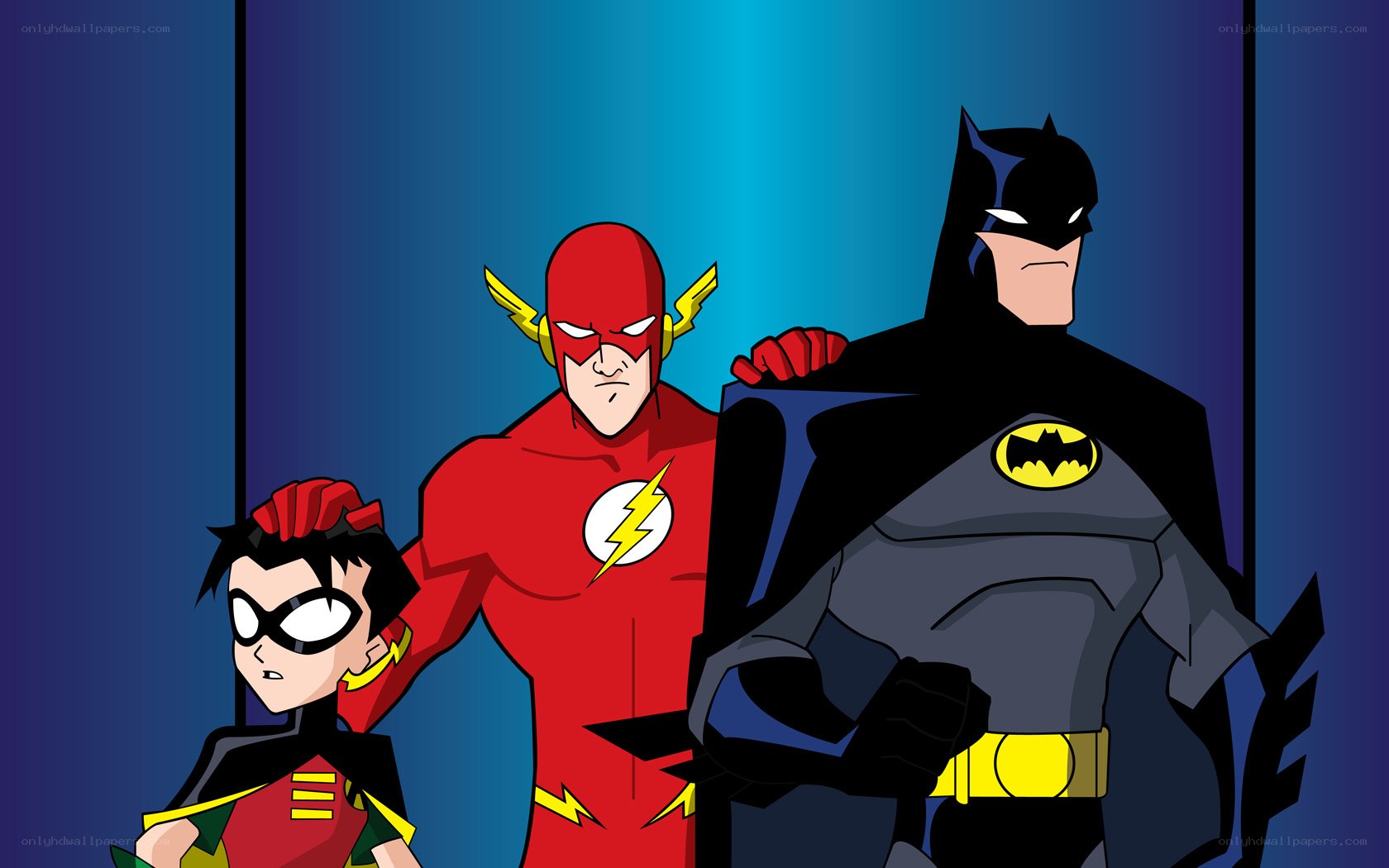 Batman, Flash, and Robin stand together