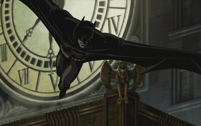 Batman flying over a clock tower