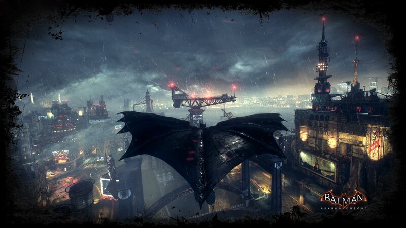 Batman Flying over City — Black, Dark, Dramatic