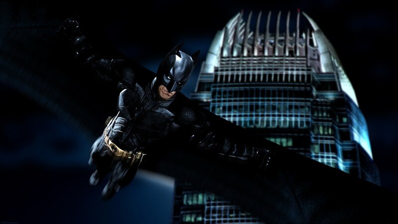 Batman Flying over City — Black, Dramatic, Night, Digital Art, Building