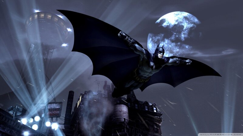 Batman Flying over City — Black, Dramatic, Night, Digital Art, Moon, Cityscape