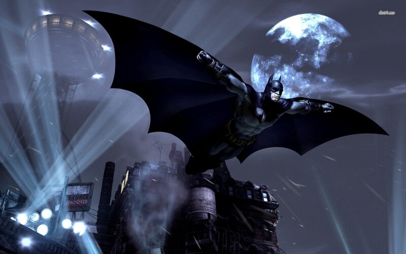Batman Flying over City — Black, Dramatic