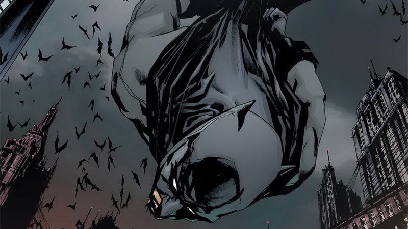 Batman Flying over City — Gray