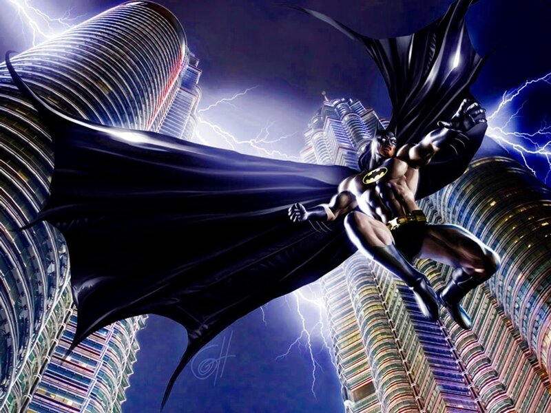 Batman flying over city