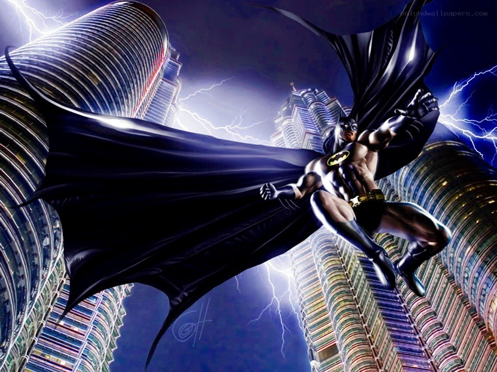 Batman flying over city