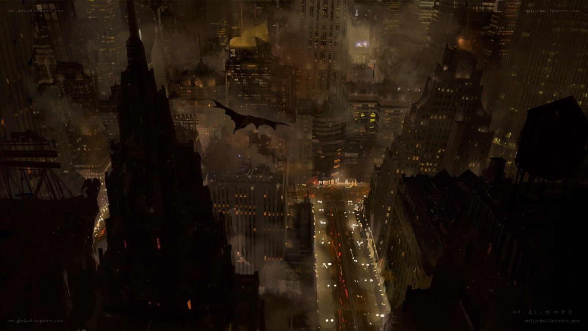 Batman flying over Gotham City