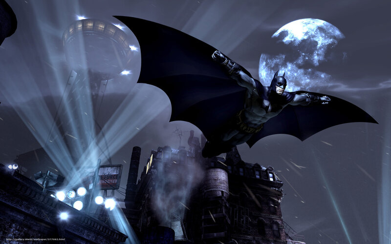 Batman flying over Gotham