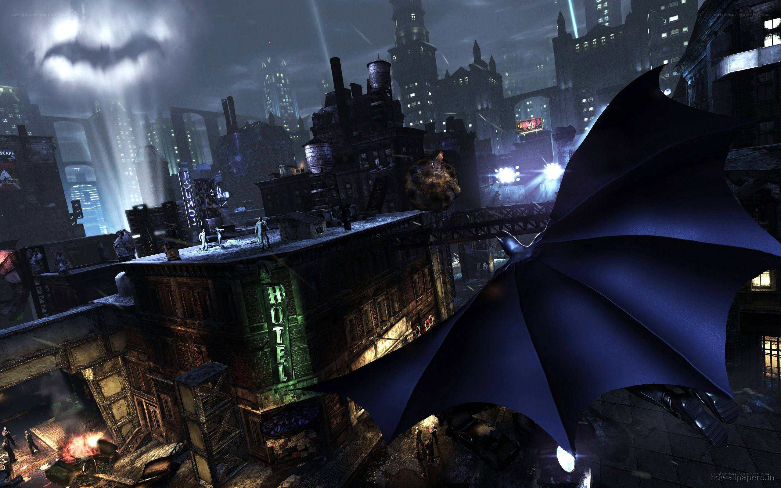 Batman glides over Gotham City