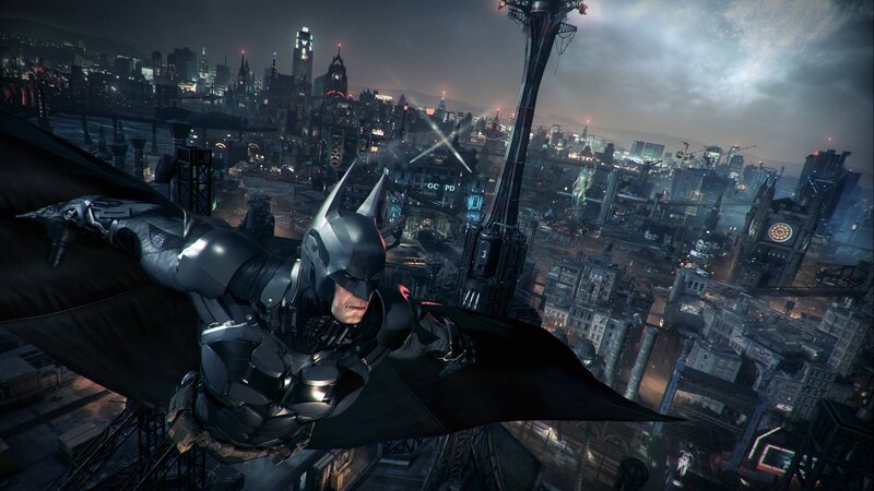 Batman Gliding over City — Black, Dramatic