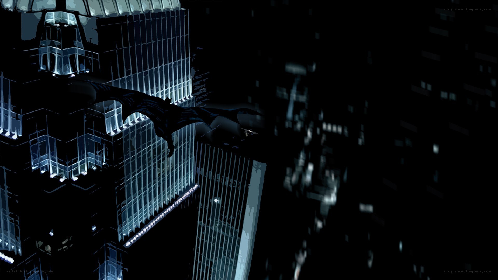 Batman gliding over city