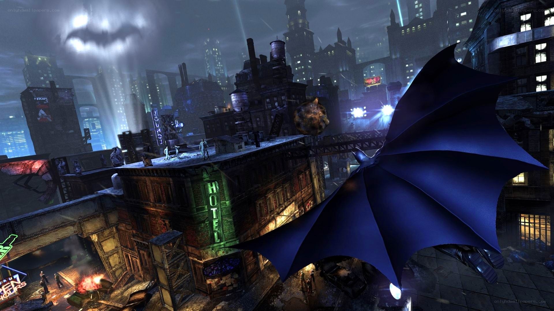 Batman gliding over Gotham City