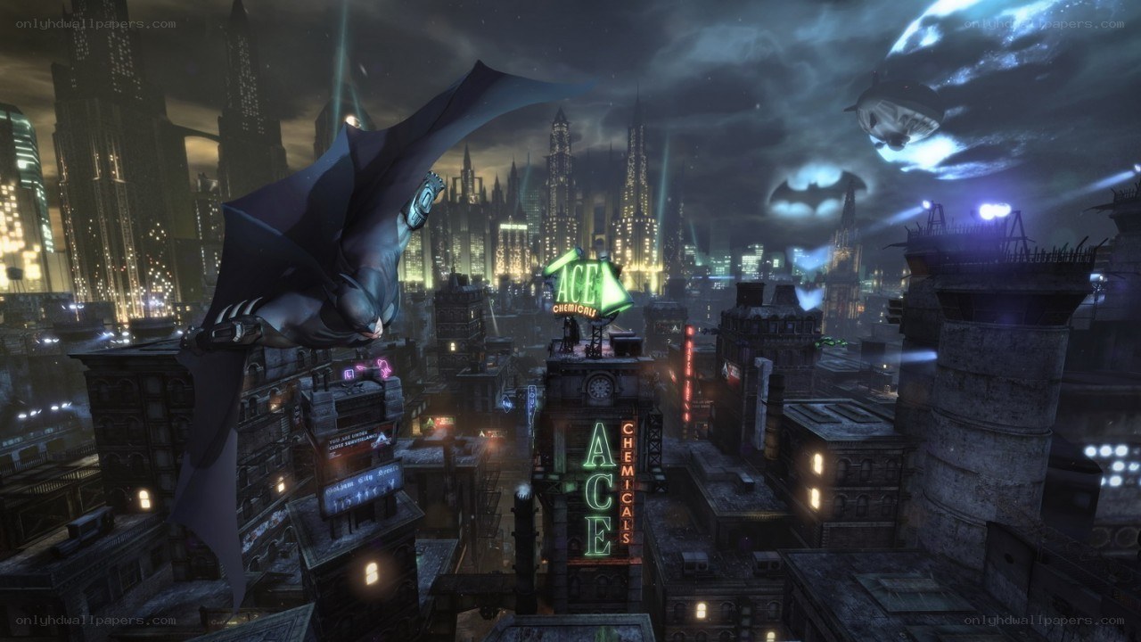 Batman gliding over Gotham City