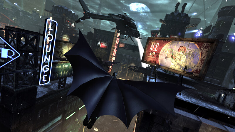 Batman gliding over Gotham