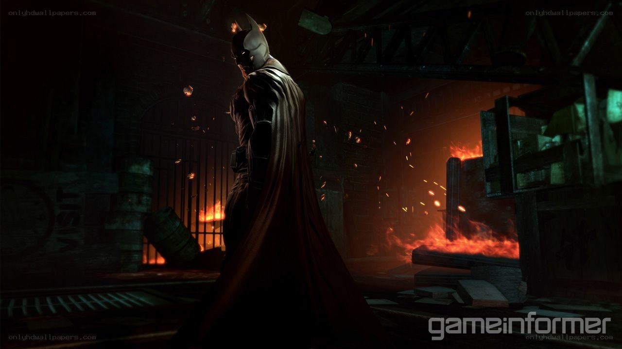 Batman in a burning warehouse