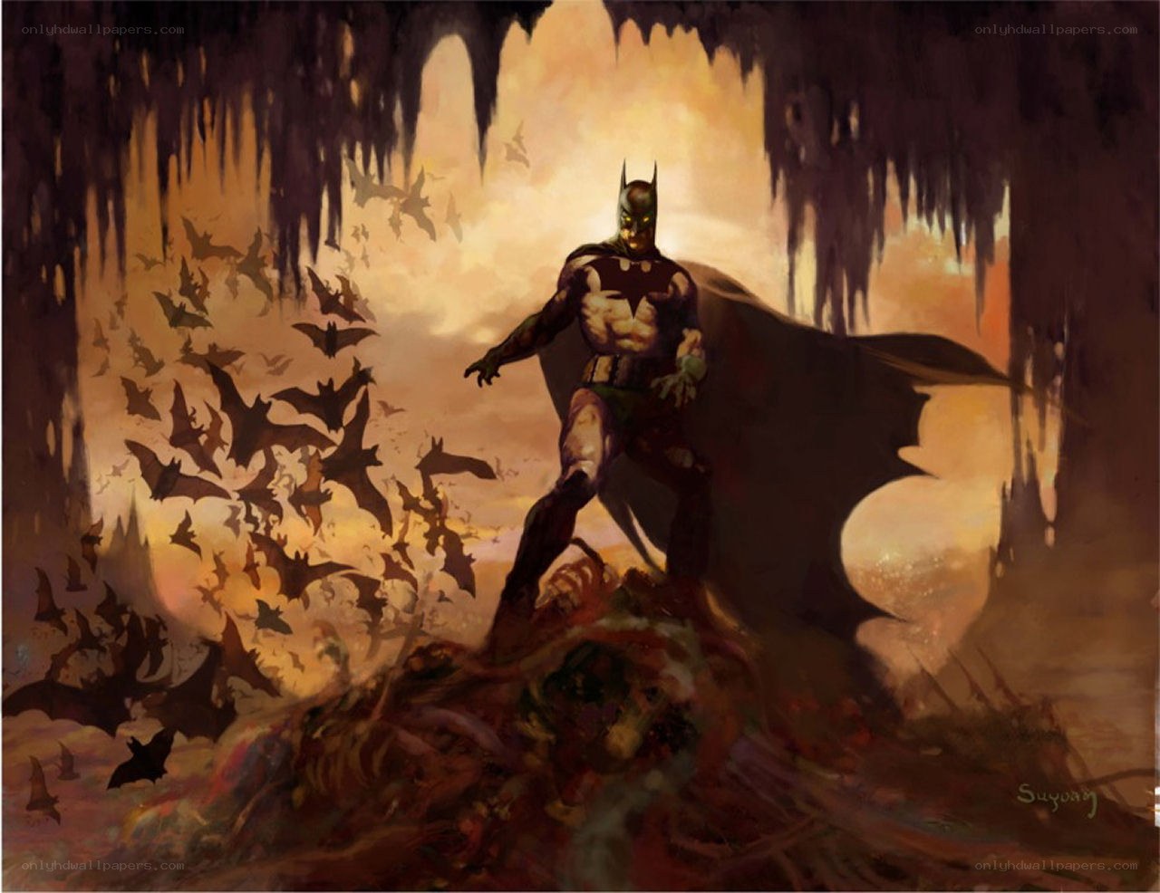 Batman in a cave with bats