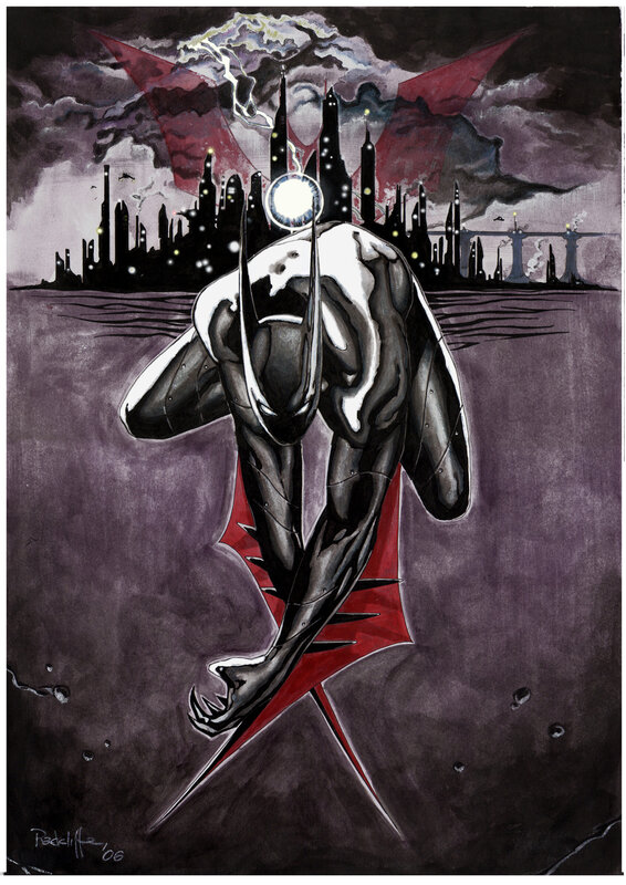 Batman in a dark cityscape