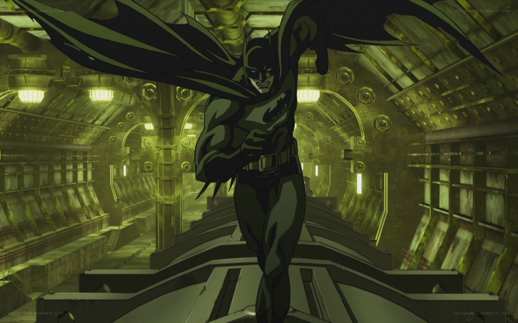 Batman in a dimly lit corridor