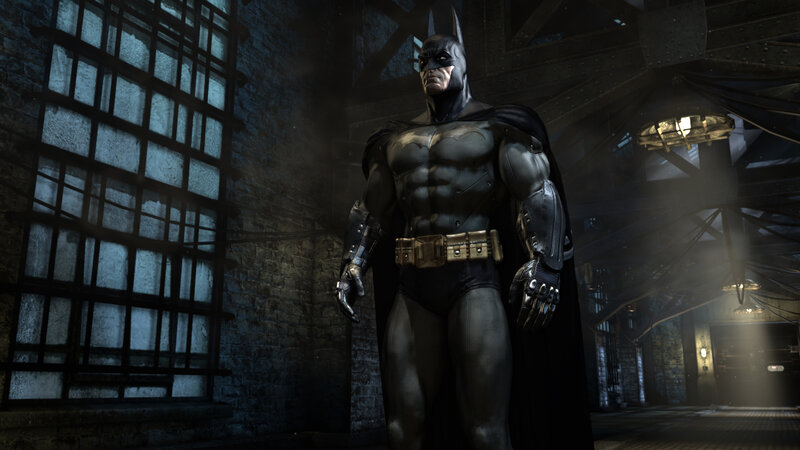 Batman in a dimly lit warehouse