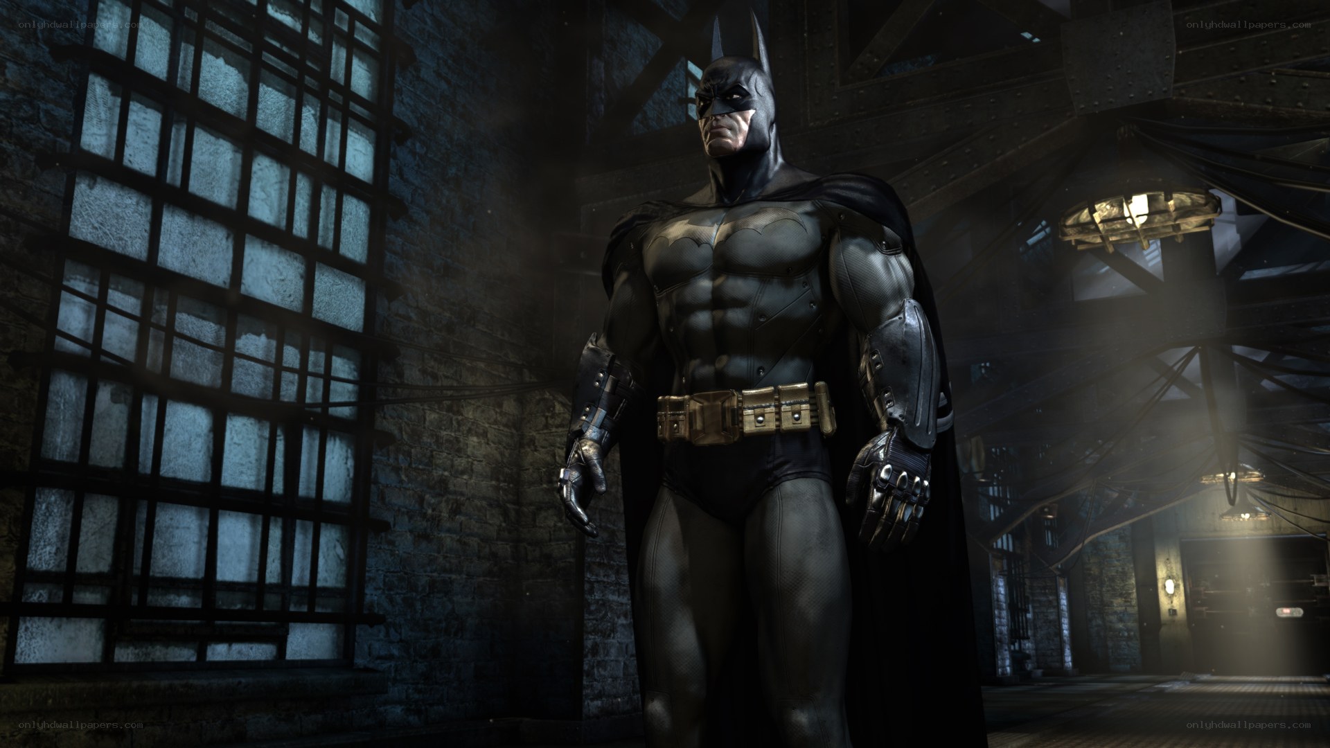 Batman in a dimly lit warehouse