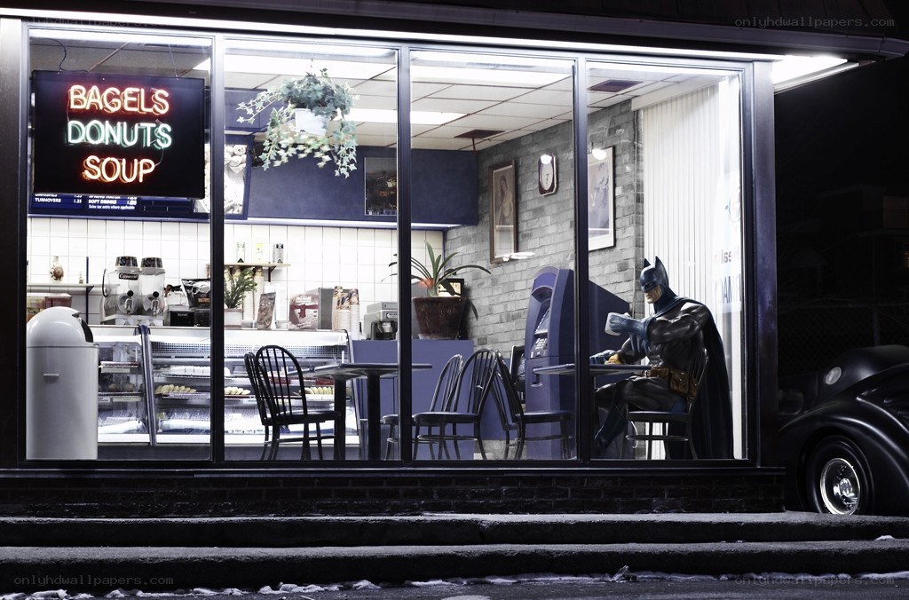 Batman in a diner at night