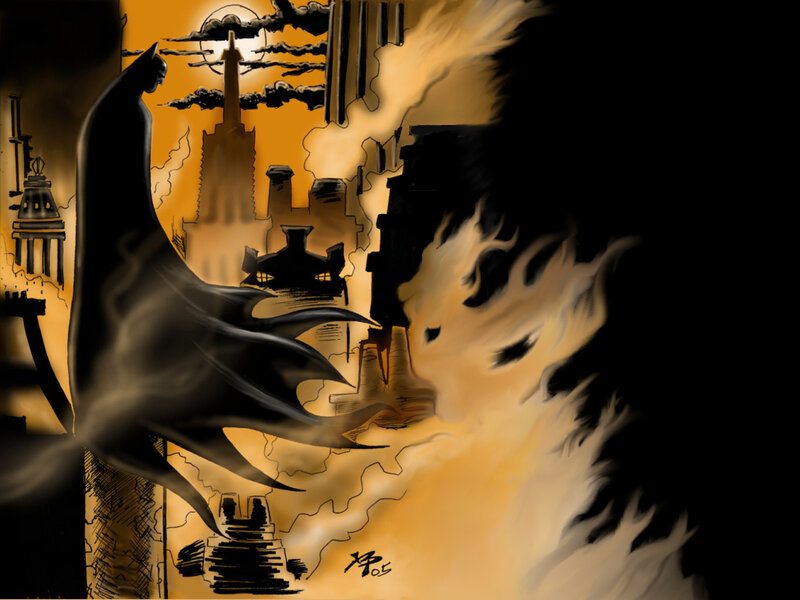 Batman in a fiery city