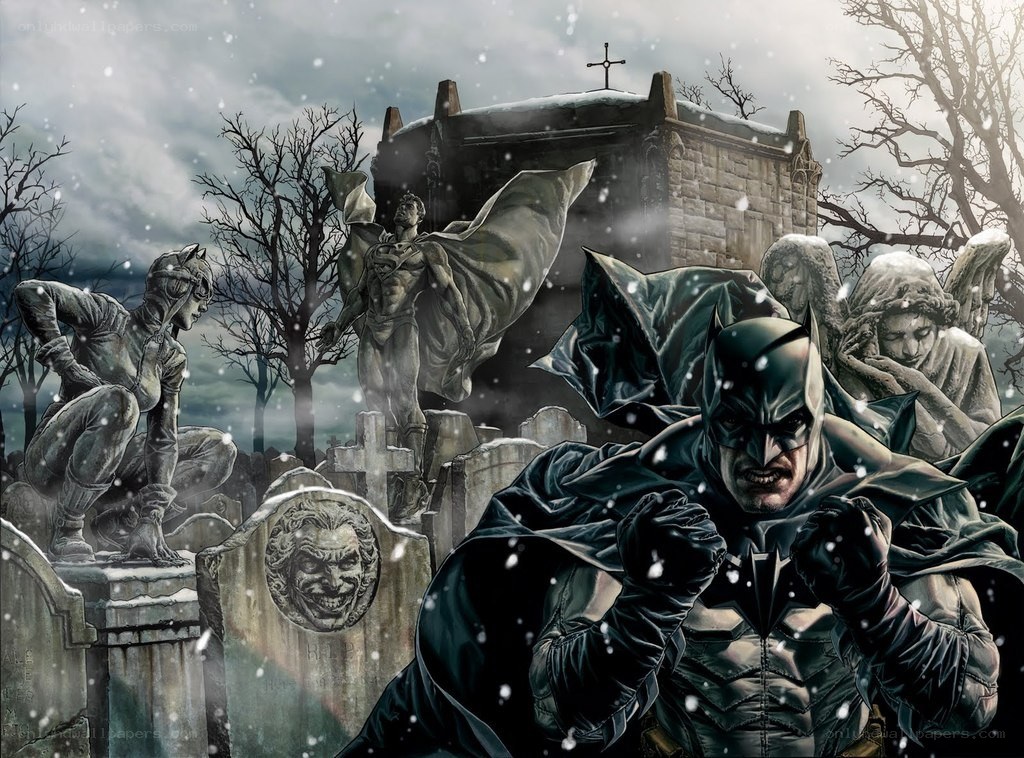 Batman in a snowy graveyard
