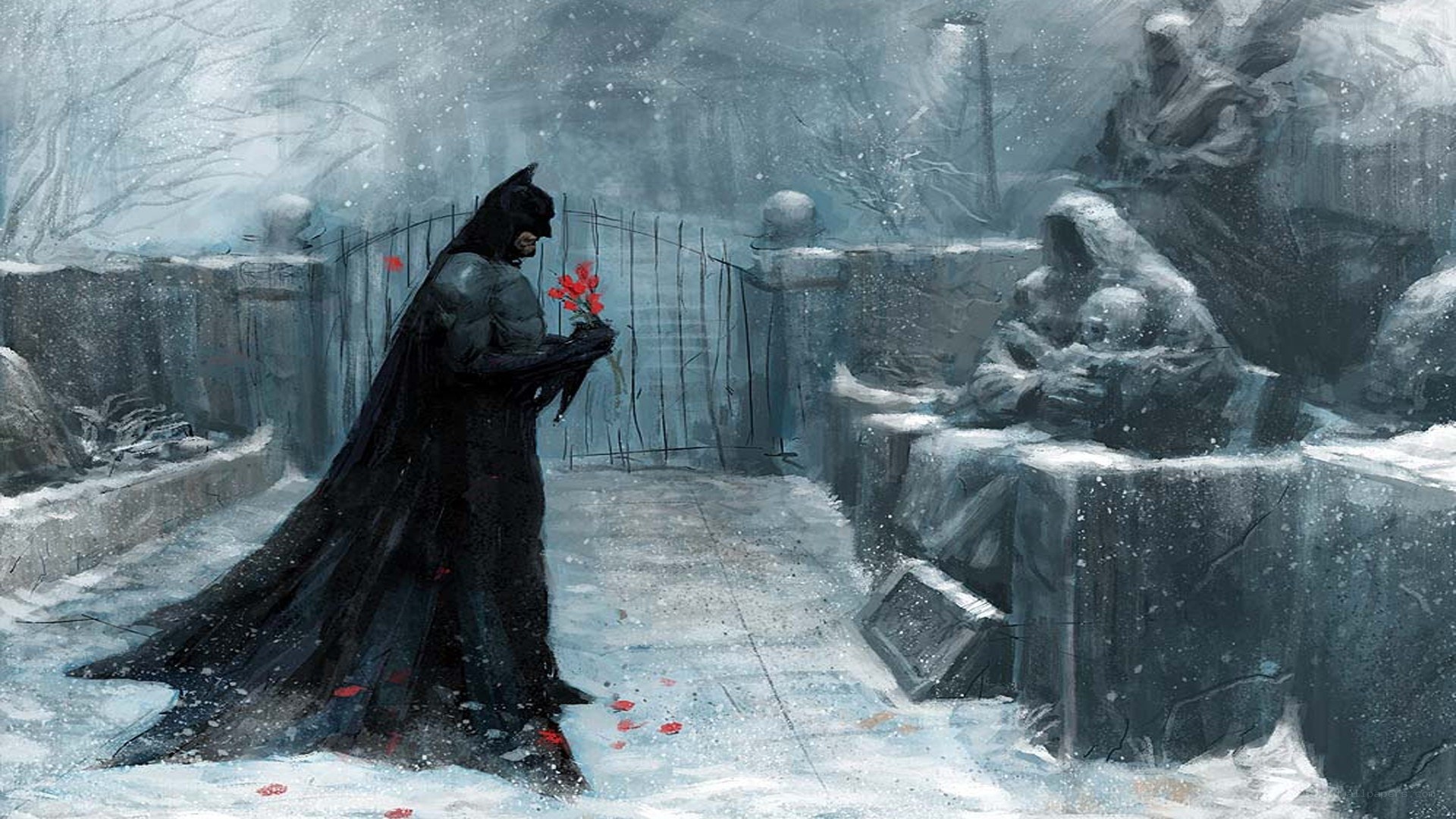 Batman in a snowy graveyard