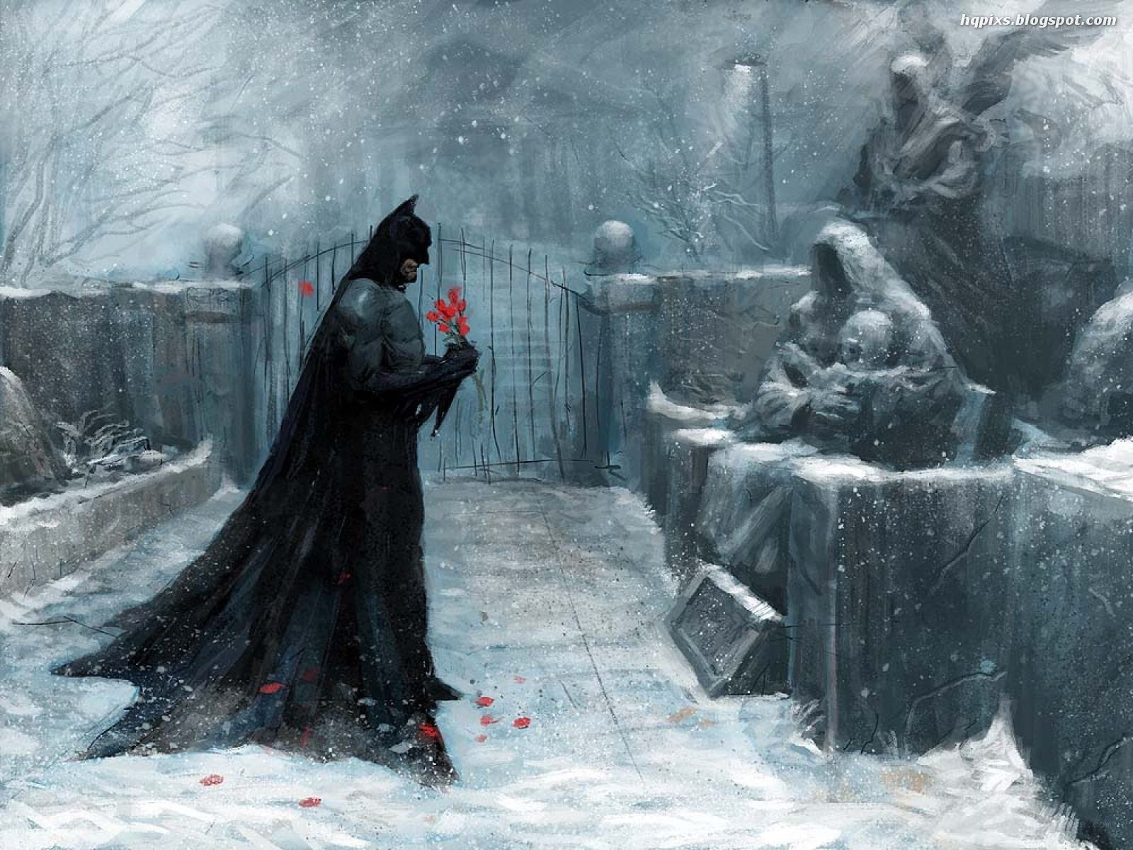 Batman in a snowy graveyard