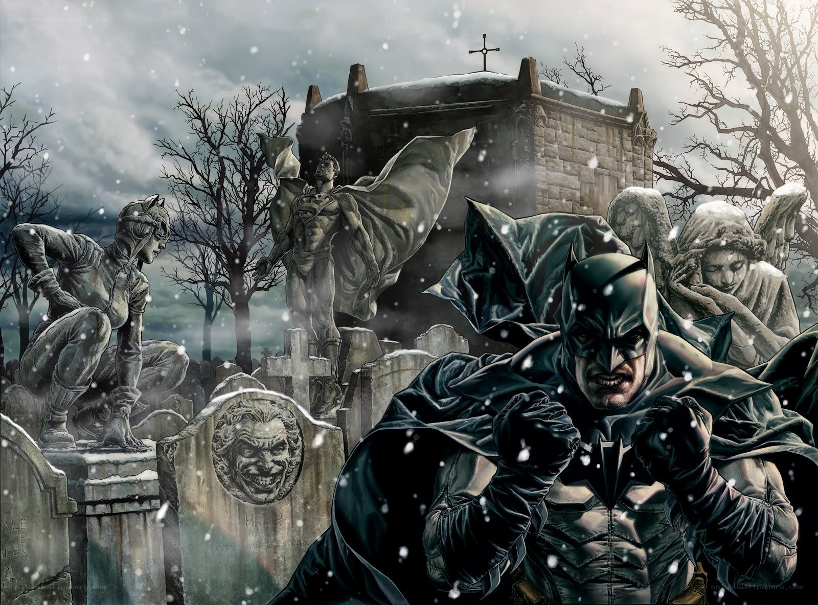 Batman in a snowy graveyard